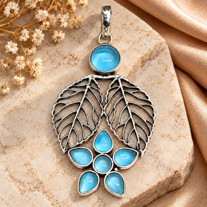Blue Topaz Leaf Pendant, Floral Statement Boho Jewelry PEN376-SLV-LBT07