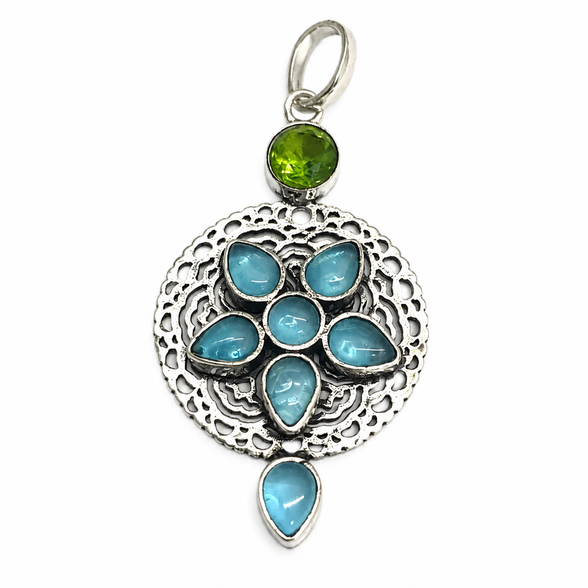 Blue Green Floral Statement Pendant Boho Silver Jewelry PEN377-SLV-LBT-LPD08