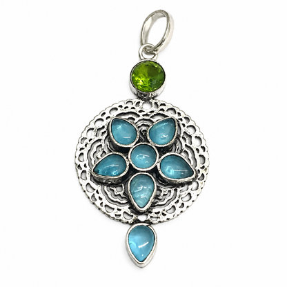 Blue Green Floral Statement Pendant Boho Silver Jewelry PEN377-SLV-LBT-LPD08