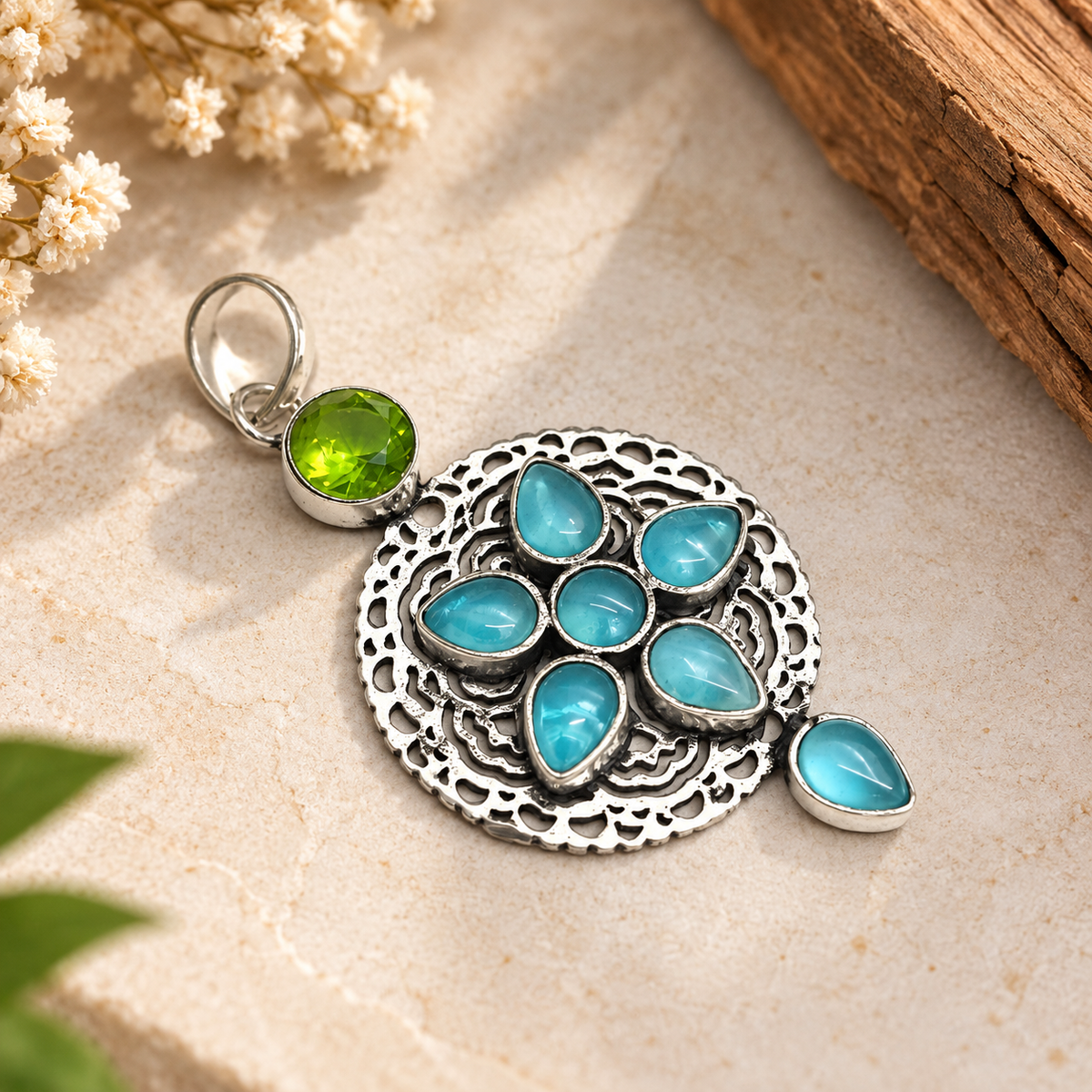 Blue Green Floral Statement Pendant Boho Silver Jewelry PEN377-SLV-LBT-LPD08