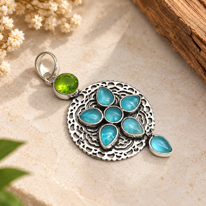 Blue Green Floral Statement Pendant Boho Silver Jewelry PEN377-SLV-LBT-LPD08