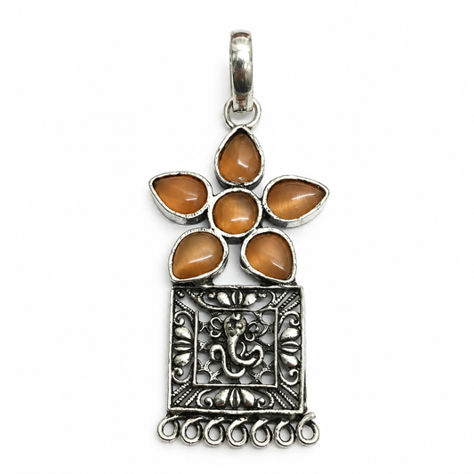 Brown Gemstone Floral Pendant Vintage Silver Boho Jewelry PEN378-SLV-LQUA06