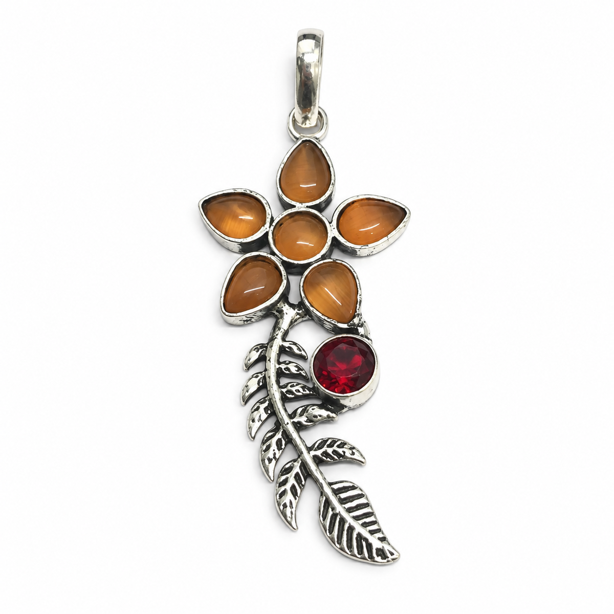 Brown Gemstone Floral Branch Pendant Red Accent Boho Jewelry PEN379-SLV-LGR-LQOA07