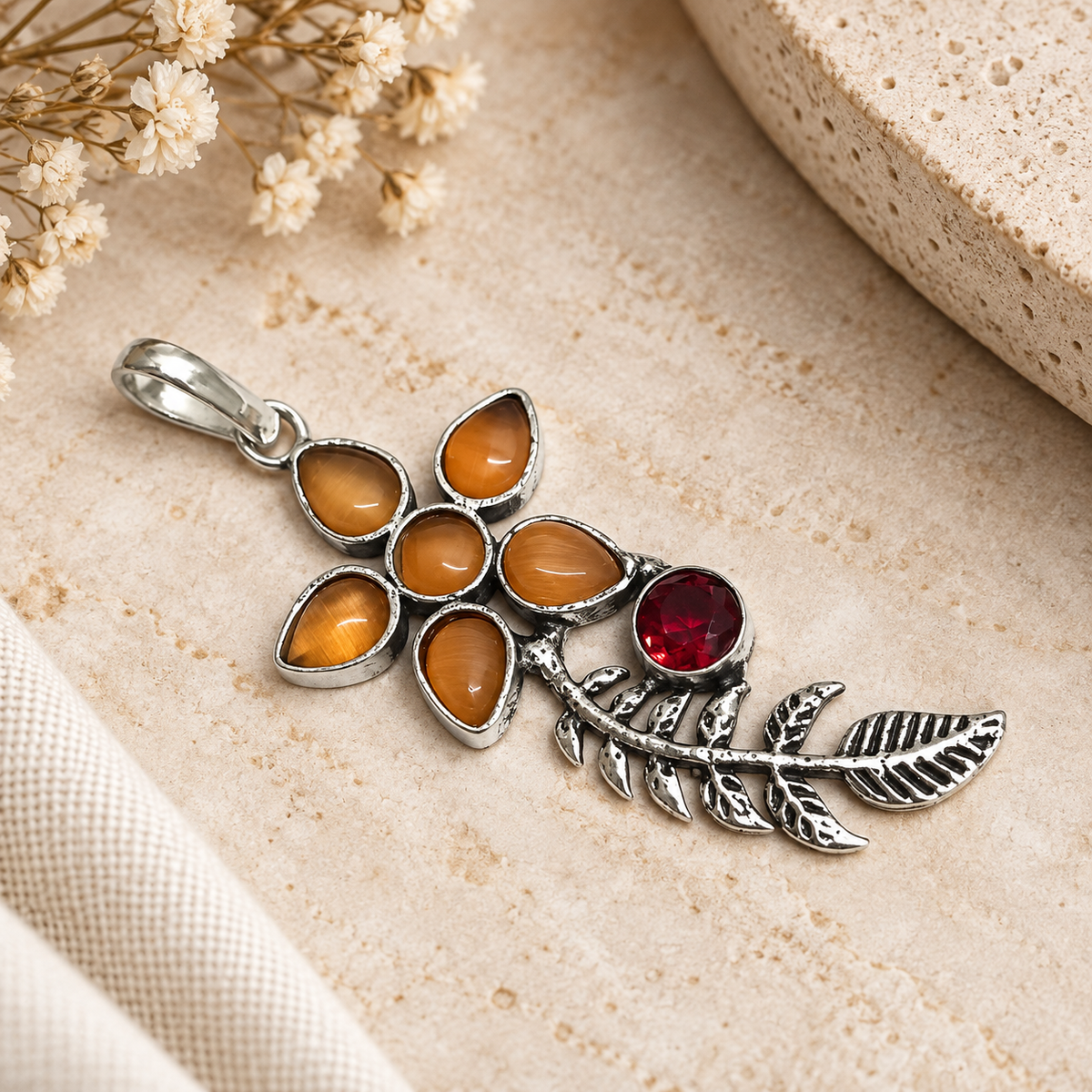 Brown Gemstone Floral Branch Pendant Red Accent Boho Jewelry PEN379-SLV-LGR-LQOA07