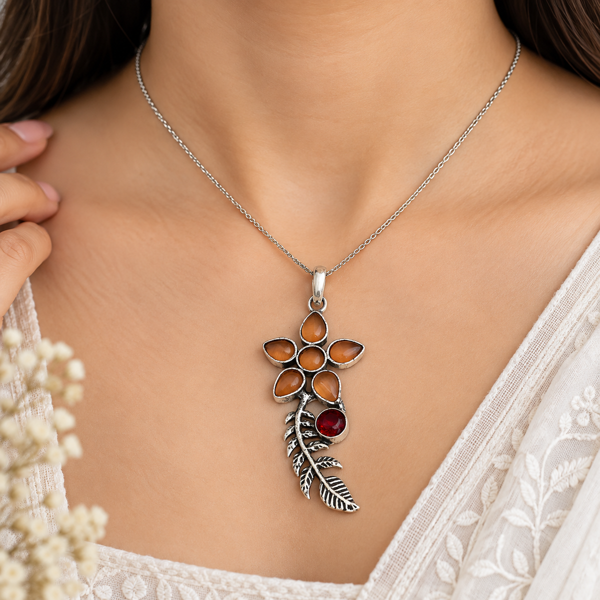 Brown Gemstone Floral Branch Pendant Red Accent Boho Jewelry PEN379-SLV-LGR-LQOA07