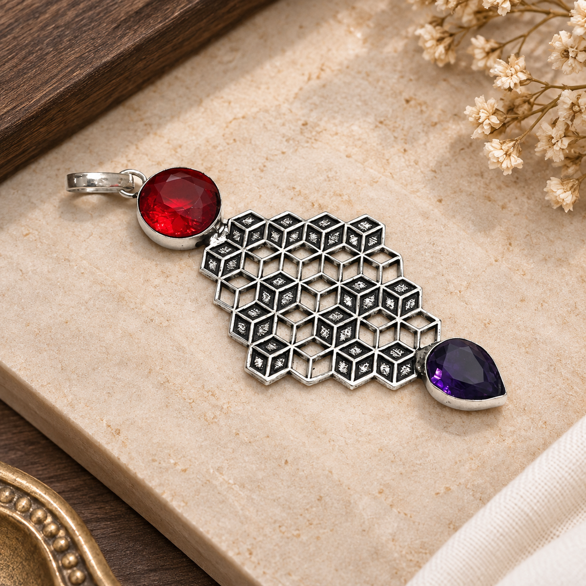 Red Amethyst Geometric Pendant Modern Boho Silver Jewelry PEN380-SLV-LGR-LAMT02
