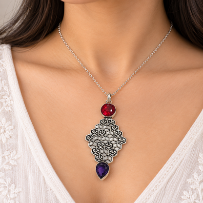 Red Amethyst Geometric Pendant Modern Boho Silver Jewelry PEN380-SLV-LGR-LAMT02