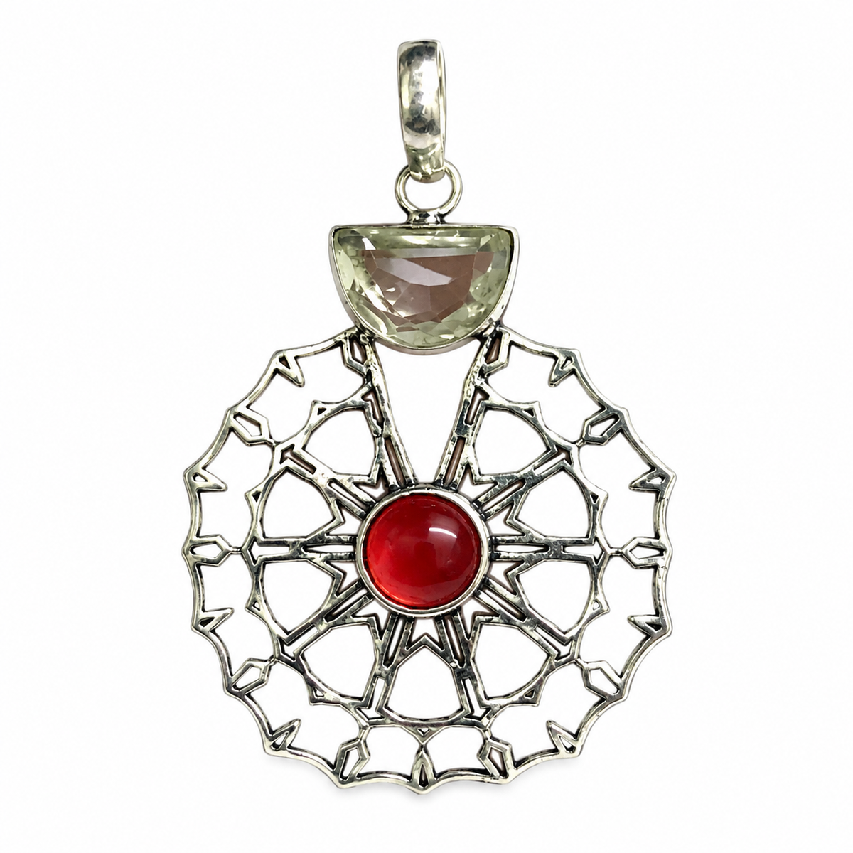 Red Crystal Floral Pendant Geometric Silver Boho Jewelry PEN381-SLV-LGR-LCQ02