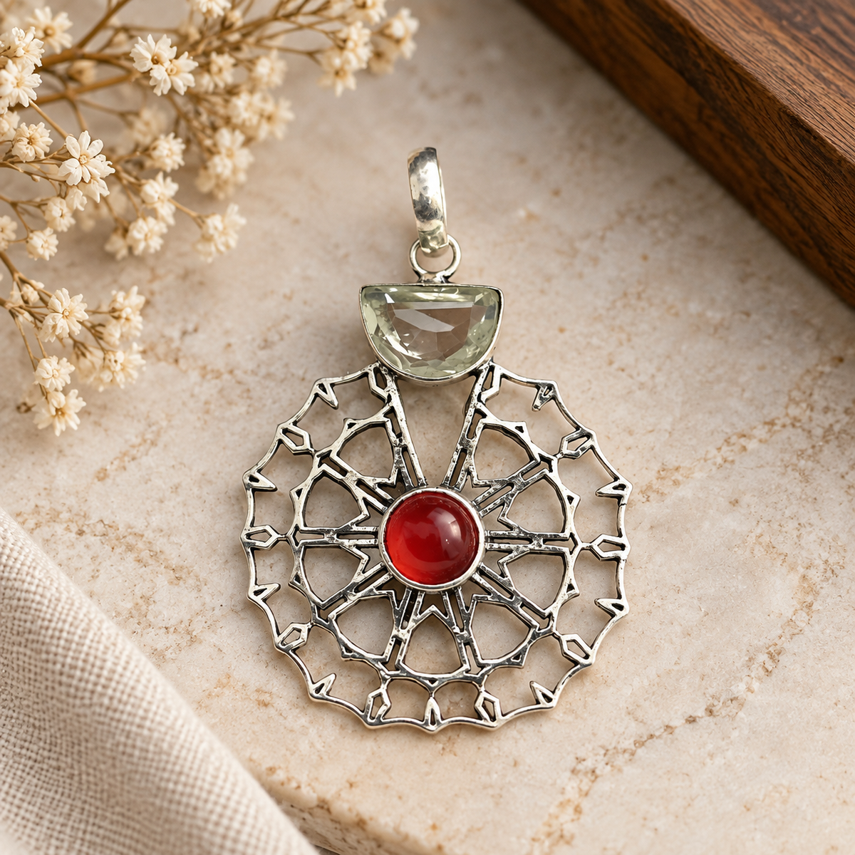 Red Crystal Floral Pendant Geometric Silver Boho Jewelry PEN381-SLV-LGR-LCQ02