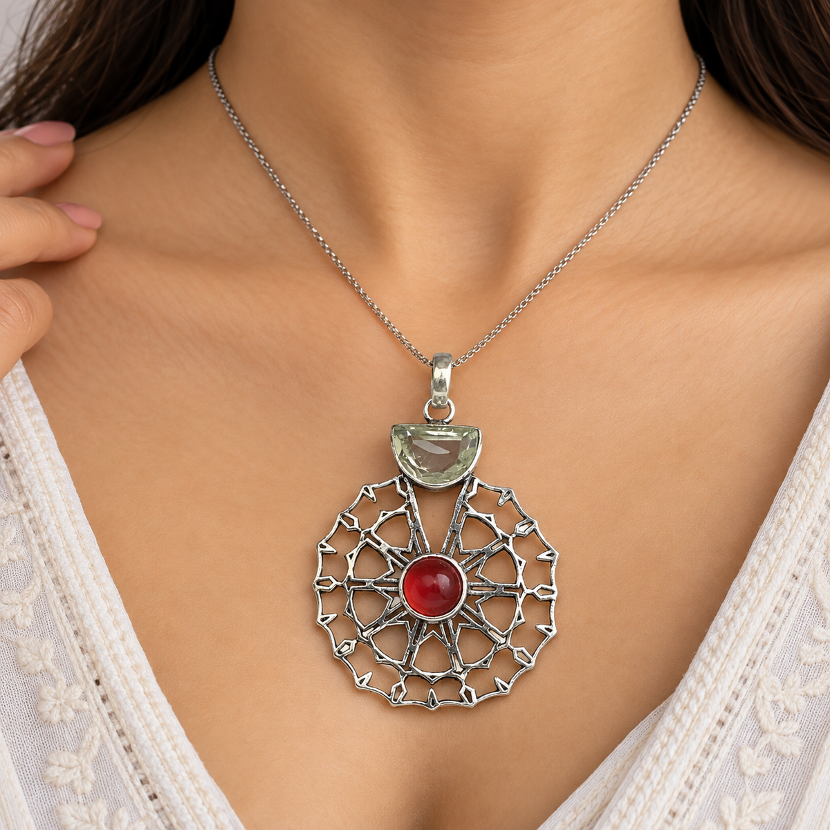 Red Crystal Floral Pendant Geometric Silver Boho Jewelry PEN381-SLV-LGR-LCQ02