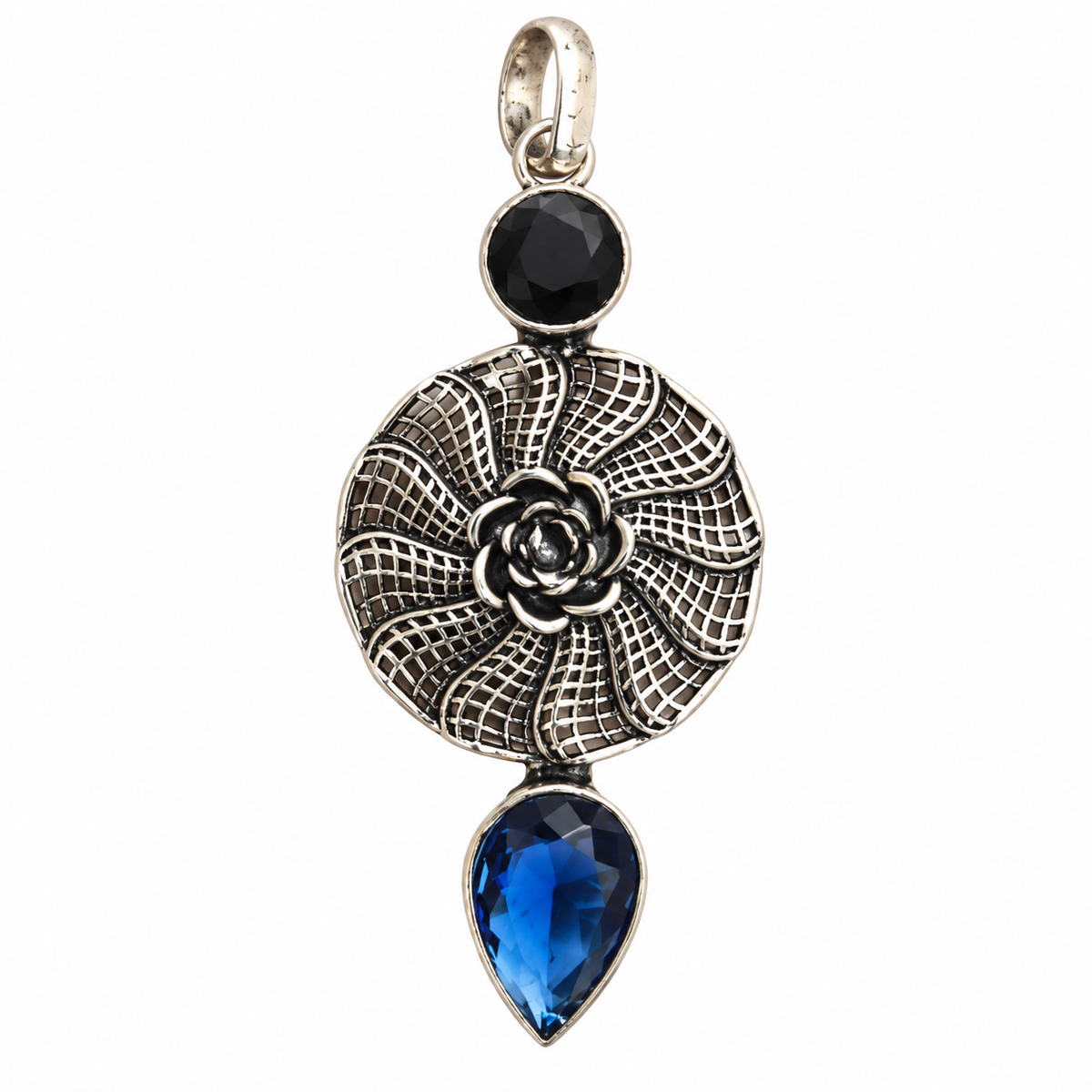 Blue Tanzanite Black Spinel Floral Statement Silver Pendant PEN382-SLV-LTZ-LBLKSPL02