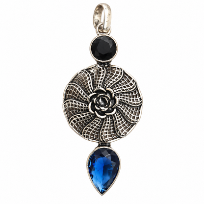 Blue Tanzanite Black Spinel Floral Statement Silver Pendant PEN382-SLV-LTZ-LBLKSPL02