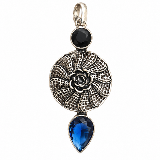 Blue Tanzanite Black Spinel Floral Statement Silver Pendant PEN382-SLV-LTZ-LBLKSPL02