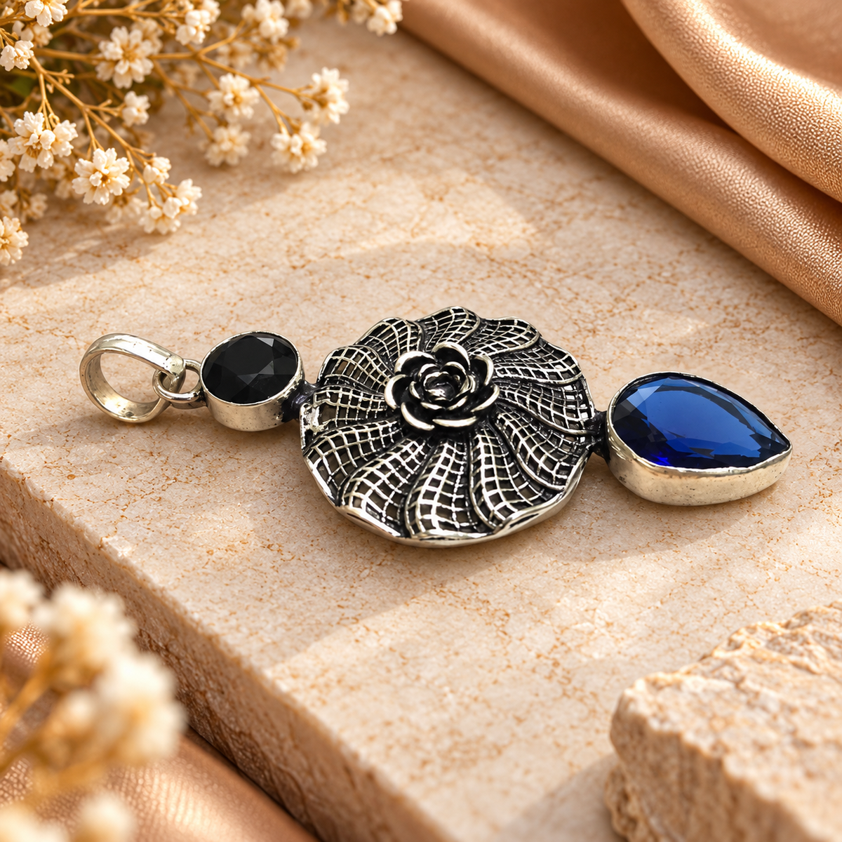 Blue Tanzanite Black Spinel Floral Statement Silver Pendant PEN382-SLV-LTZ-LBLKSPL02