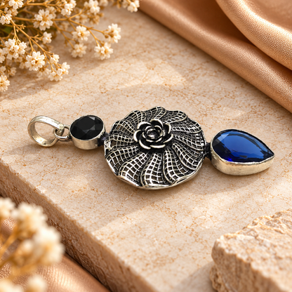 Blue Tanzanite Black Spinel Floral Statement Silver Pendant PEN382-SLV-LTZ-LBLKSPL02
