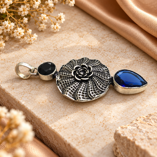 Blue Tanzanite Black Spinel Floral Statement Silver Pendant PEN382-SLV-LTZ-LBLKSPL02