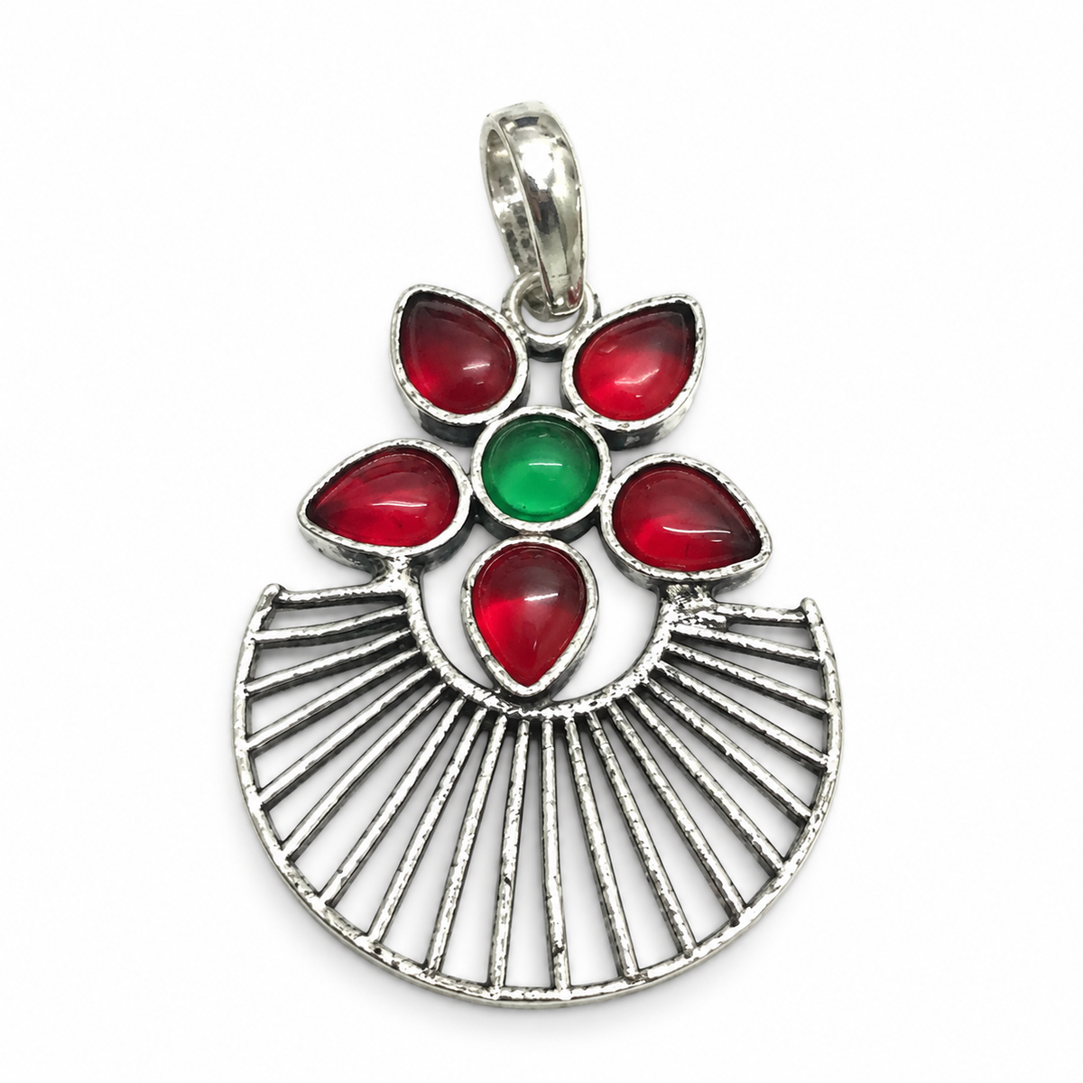 Red Green Floral Statement Pendant Silver Boho Jewelry PEN383-SLV-LGR-LCD06