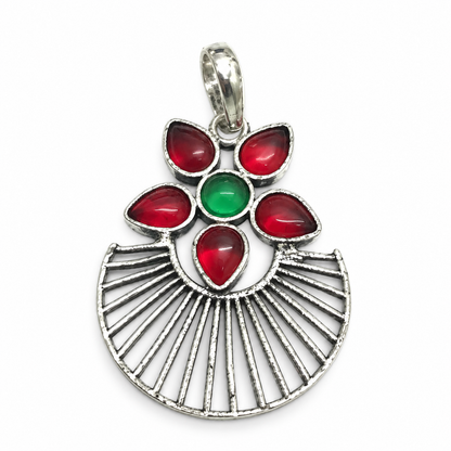 Red Green Floral Statement Pendant Silver Boho Jewelry PEN383-SLV-LGR-LCD06