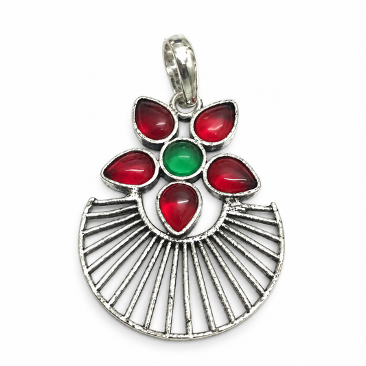 Red Green Floral Statement Pendant Silver Boho Jewelry PEN383-SLV-LGR-LCD06