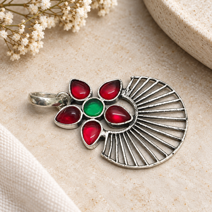 Red Green Floral Statement Pendant Silver Boho Jewelry PEN383-SLV-LGR-LCD06