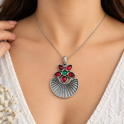 Red Green Floral Statement Pendant Silver Boho Jewelry PEN383-SLV-LGR-LCD06