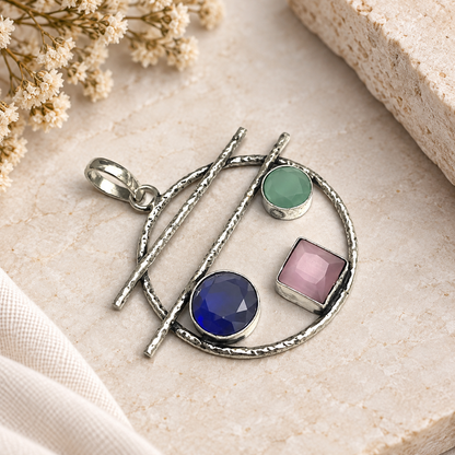 Multicolor Gemstone Openwork Pendant Silver Boho Jewelry PEN384-SLV-LMUL03