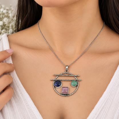 Multicolor Gemstone Openwork Pendant Silver Boho Jewelry PEN384-SLV-LMUL03