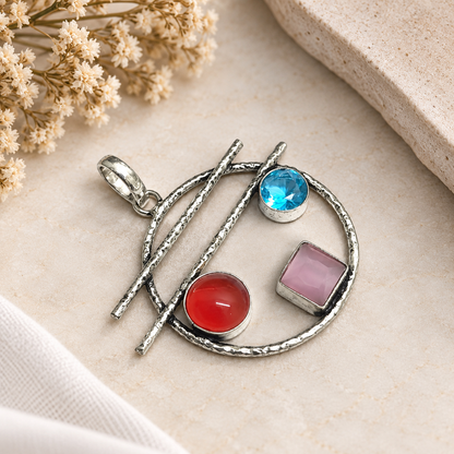 Multicolor Gemstone Openwork Pendant Boho Jewelry PEN385-SLV-LMUL03