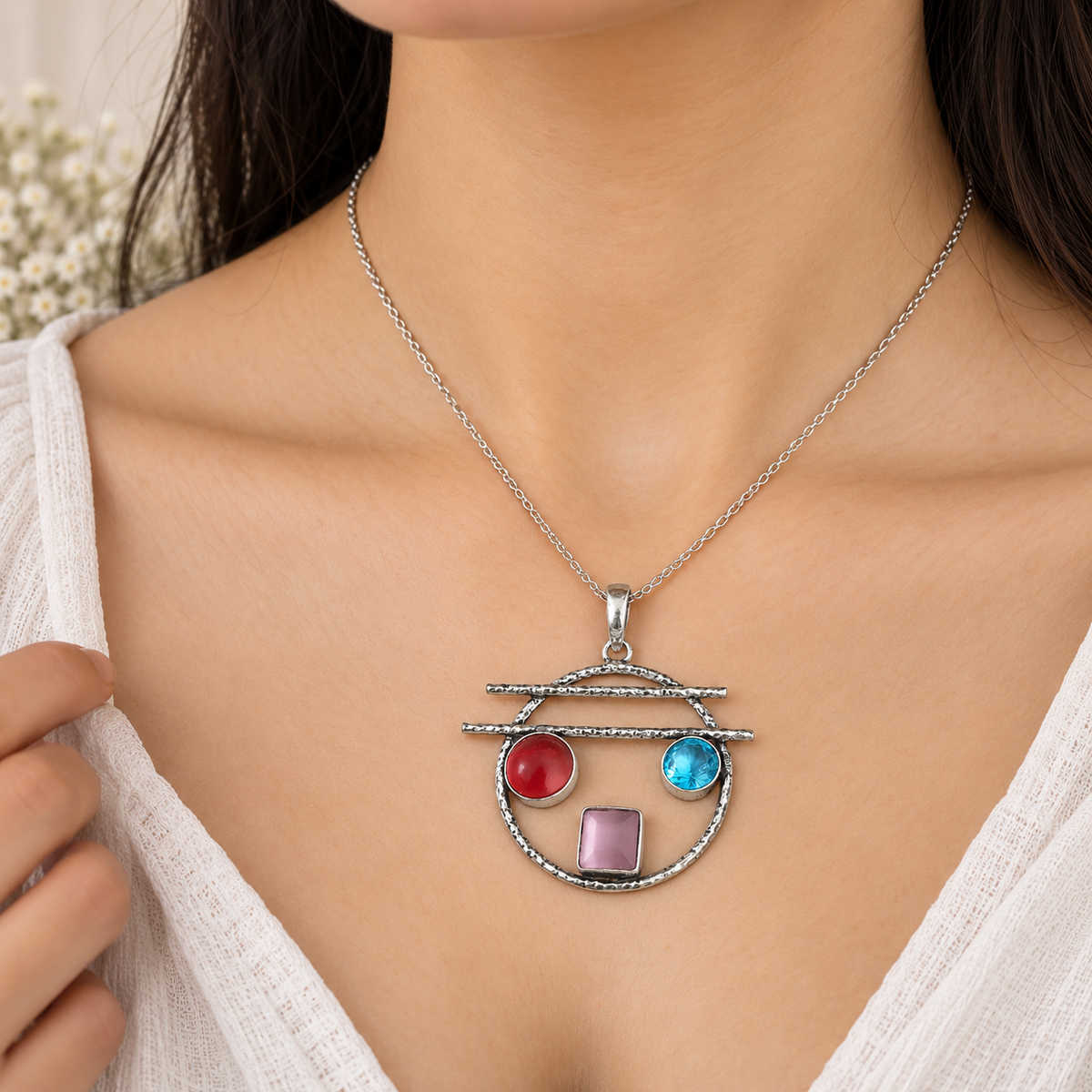 Multicolor Gemstone Openwork Pendant Boho Jewelry PEN385-SLV-LMUL03