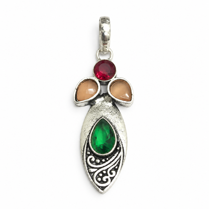 Multicolor Gemstone Silver Tone Boho Statement Pendant PEN386-SLV-LMUL04