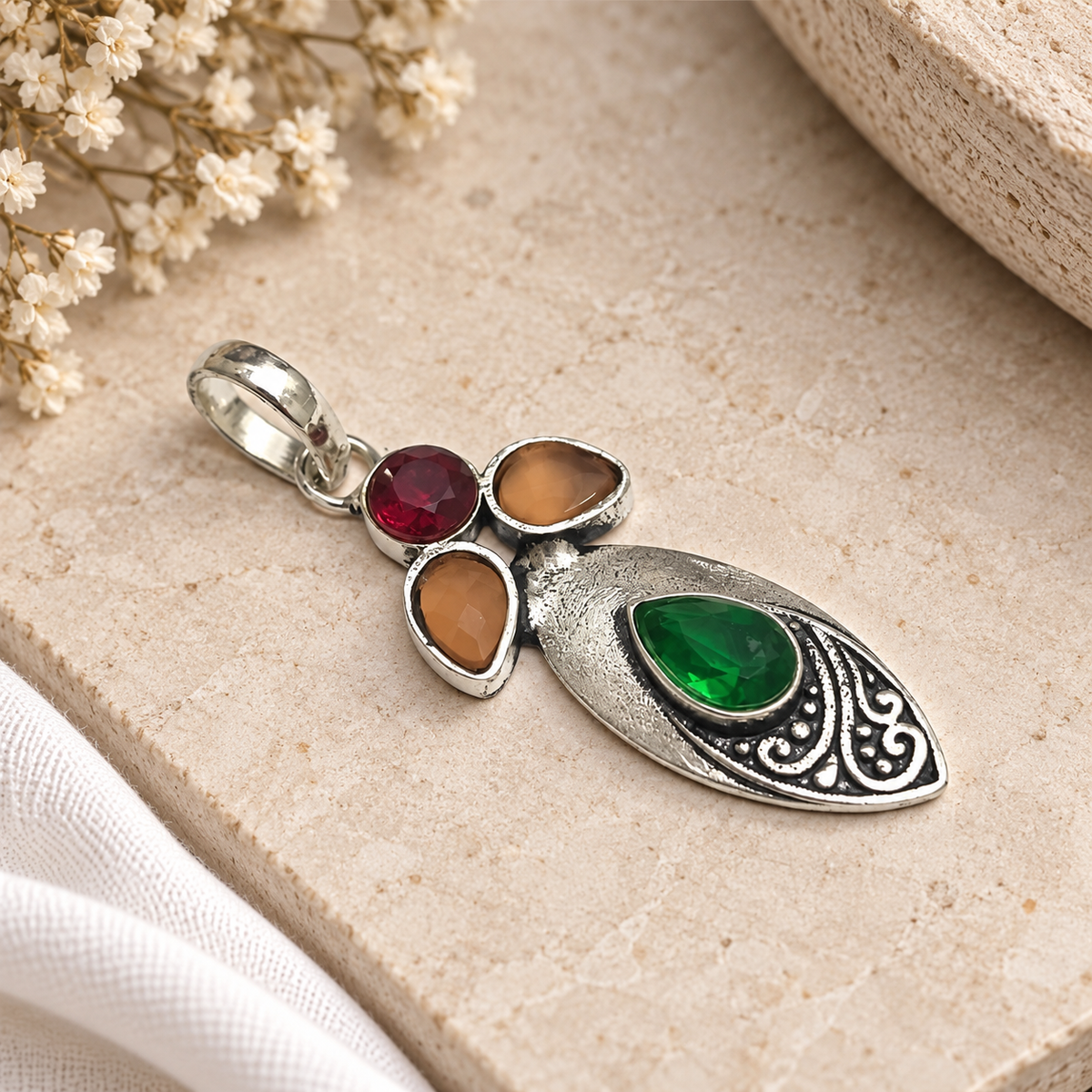 Multicolor Gemstone Silver Tone Boho Statement Pendant PEN386-SLV-LMUL04