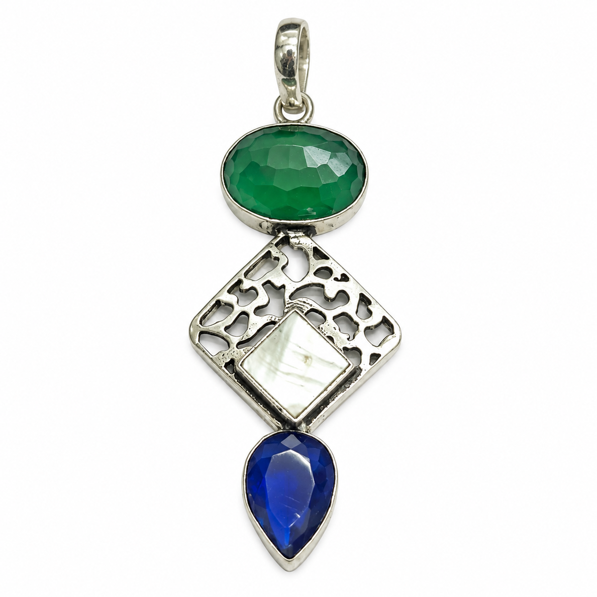 Green Blue Gemstone Mother Pearl Silver Statement Pendant PEN387-SLV-LMUL03
