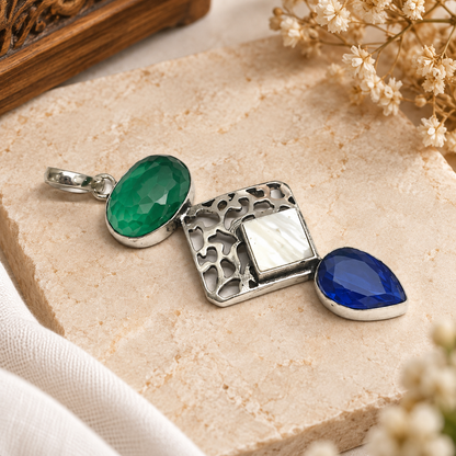Green Blue Gemstone Mother Pearl Silver Statement Pendant PEN387-SLV-LMUL03