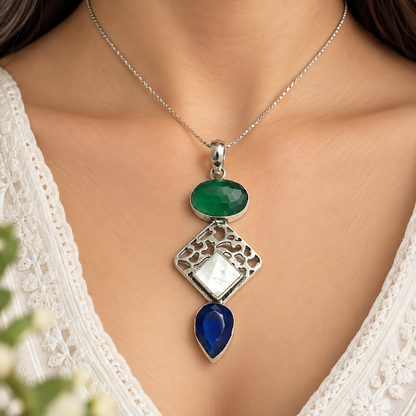Green Blue Gemstone Mother Pearl Silver Statement Pendant PEN387-SLV-LMUL03