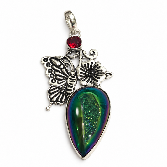Green Druzy Butterfly Pendant Silver Tone Boho Jewelry PEN388-SLV-LGR-LTDY02