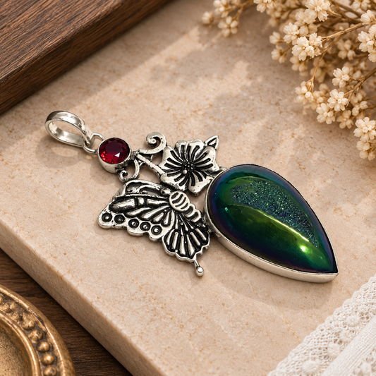 Green Druzy Butterfly Pendant Silver Tone Boho Jewelry PEN388-SLV-LGR-LTDY02