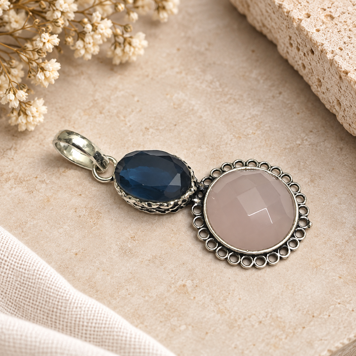 Blue Pink Gemstone Pendant Silver Tone Boho Jewelry PEN389-SLV-LRQ-LTZ02