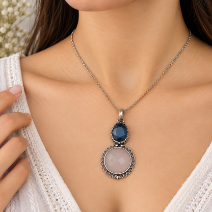 Blue Pink Gemstone Pendant Silver Tone Boho Jewelry PEN389-SLV-LRQ-LTZ02