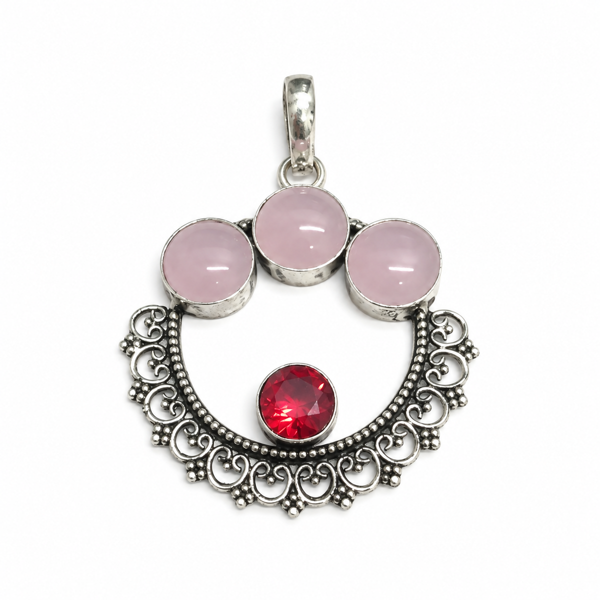 Pink Rose Quartz Red Gemstone Ornate Silver Pendant PEN390-SLV-LGR-LRQ04