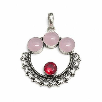 Pink Rose Quartz Red Gemstone Ornate Silver Pendant PEN390-SLV-LGR-LRQ04