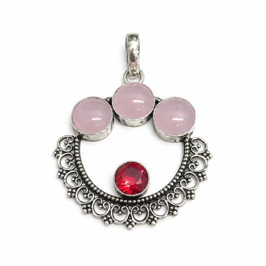 Pink Rose Quartz Red Gemstone Ornate Silver Pendant PEN390-SLV-LGR-LRQ04