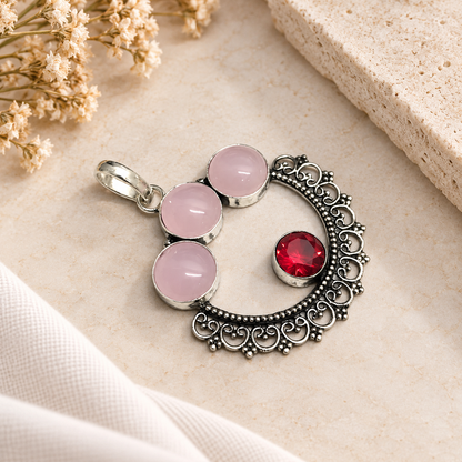 Pink Rose Quartz Red Gemstone Ornate Silver Pendant PEN390-SLV-LGR-LRQ04