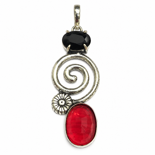 Black Red Garnet Silver Spiral Pendant Boho Statement Jewelry PEN391-SLV-LBLKSPL-LGR02