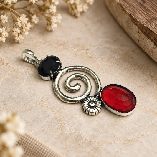 Black Red Garnet Silver Spiral Pendant Boho Statement Jewelry PEN391-SLV-LBLKSPL-LGR02