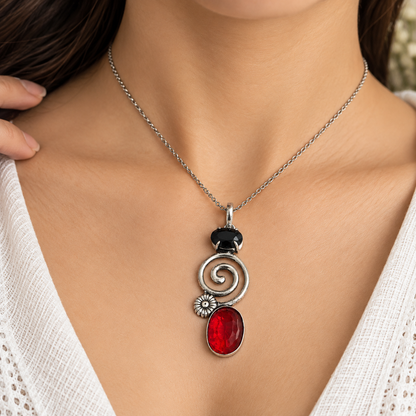 Black Red Garnet Silver Spiral Pendant Boho Statement Jewelry PEN391-SLV-LBLKSPL-LGR02