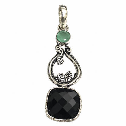 Black Spinel Green Stone Silver Pendant Botanical Boho Jewelry PEN392-SLV-LBLKSPL-LQUA02