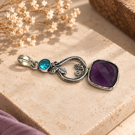 Purple Blue Stone Silver Pendant Botanical Vine Boho Jewelry PEN393-SLV-LAMT-LBT02