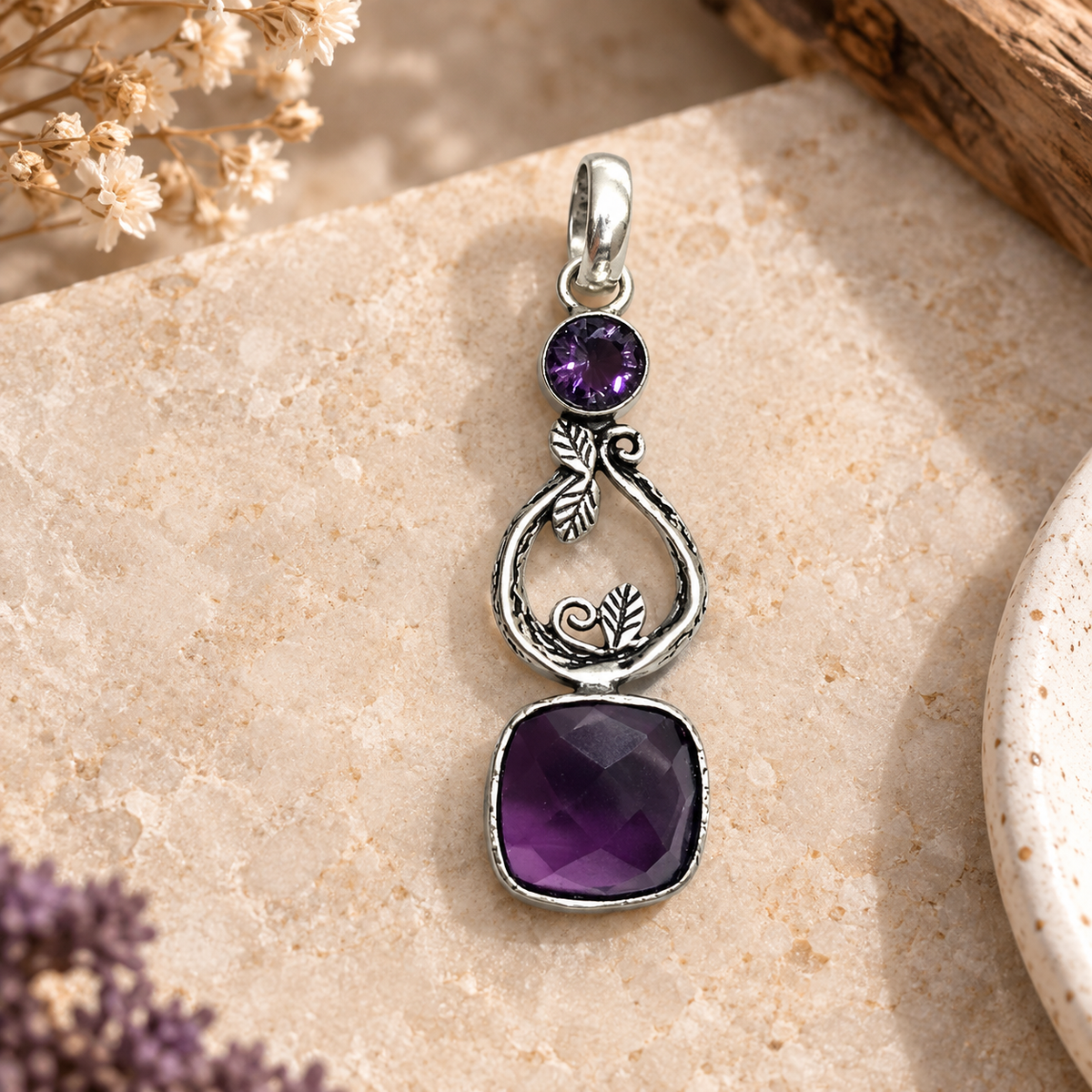 Purple Amethyst Silver Pendant Botanical Vine Boho Jewelry PEN394-SLV-LAMT02