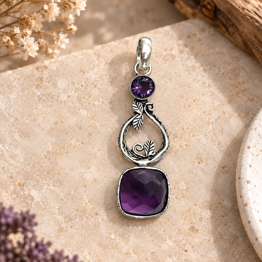 Purple Amethyst Silver Pendant Botanical Vine Boho Jewelry PEN394-SLV-LAMT02