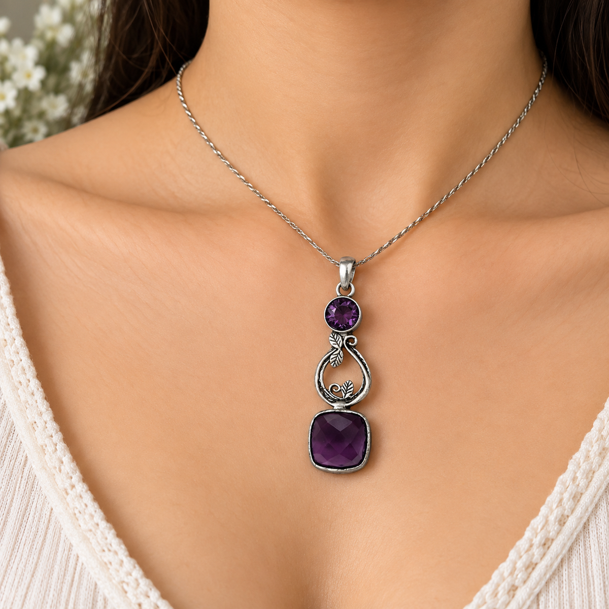 Purple Amethyst Silver Pendant Botanical Vine Boho Jewelry PEN394-SLV-LAMT02